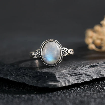 Natural Moonstone Ring 925 Sterling Silver Adjustable Vintage Boho Jewelry 10x8mm Oval Gemstone Healing Crystal Gift