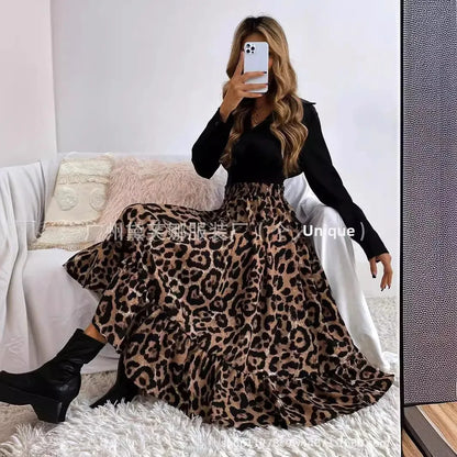Elegant Leopard Print Halter Neck Mini Dress Polyester Fiber Ruffles Decoration Cross-Border New Arrival 2024 Women's Skirt
