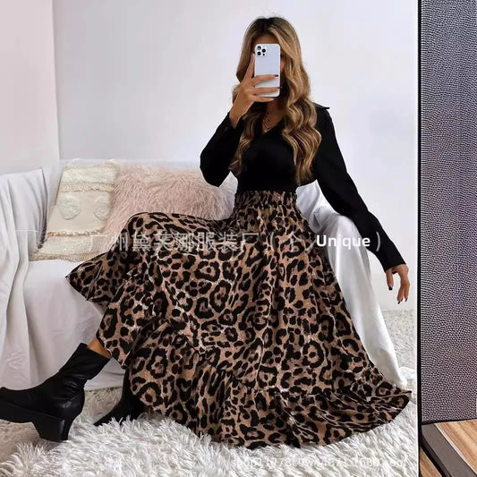 Elegant Leopard Print Halter Neck Mini Dress Polyester Fiber Ruffles Decoration Cross-Border New Arrival 2024 Women's Skirt