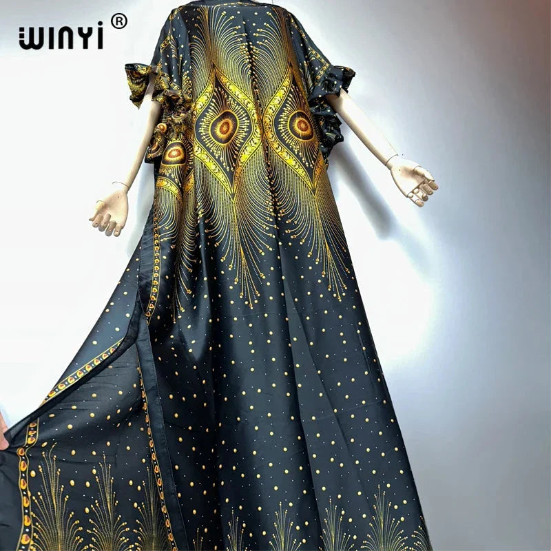 WINYI summer boho evening dress dubai luxury Female loose Print kaftan muslim woman clothing holiday beach dress fashion Caftan