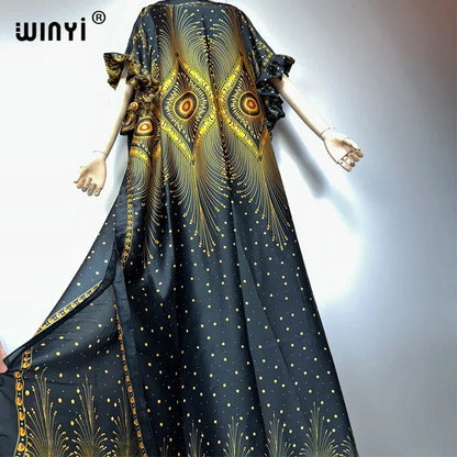 WINYI summer boho evening dress dubai luxury Female loose Print kaftan muslim woman clothing holiday beach dress fashion Caftan