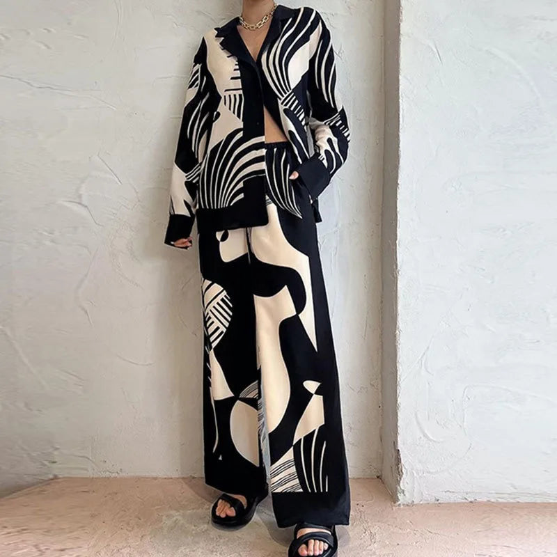 2025 Women's Graffiti Casual Shirt Women's Personalized Collar Long Sleeve Fashion Printed Set Women's Two Piece Set
