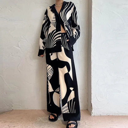 2025 Women's Graffiti Casual Shirt Women's Personalized Collar Long Sleeve Fashion Printed Set Women's Two Piece Set