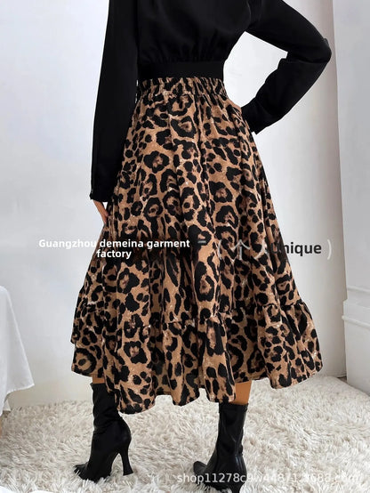 Elegant Leopard Print Halter Neck Mini Dress Polyester Fiber Ruffles Decoration Cross-Border New Arrival 2024 Women's Skirt