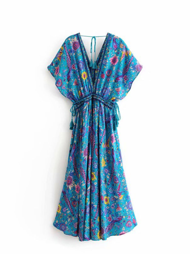 Vintage Chic Women Peacock Floral Print Bat Sleeve Beach Bohemian Maxi Dresses Robe Ladies V-neck Tassel Summer Boho Dress
