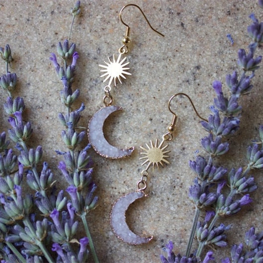Druzy Stone Crescent Moon Sun Earrings