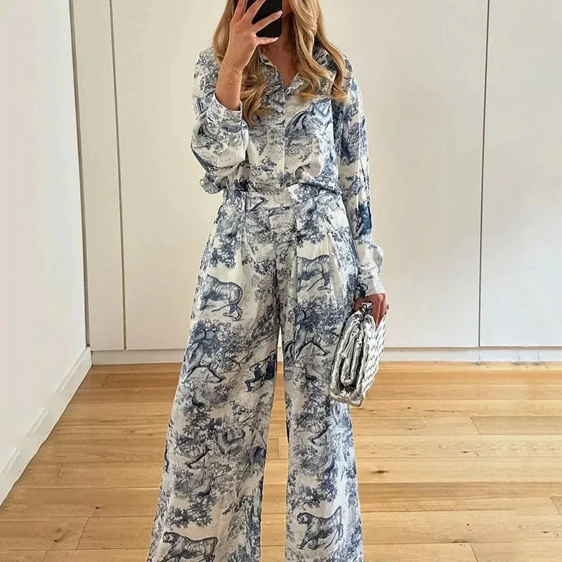 2025 Women's Graffiti Casual Shirt Women's Personalized Collar Long Sleeve Fashion Printed Set Women's Two Piece Set