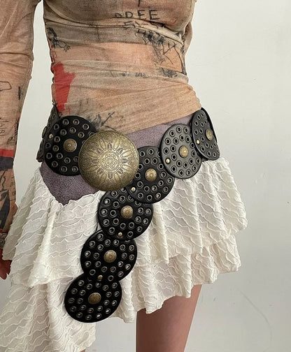 Spice Girl Y2K Harajuku Style Vintage Rivet Patchwork Design Wide Belts For Women High Street Faux Leather Waistband cinturones