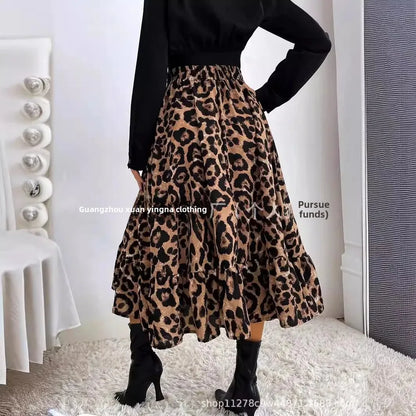 Elegant Leopard Print Halter Neck Mini Dress Polyester Fiber Ruffles Decoration Cross-Border New Arrival 2024 Women's Skirt