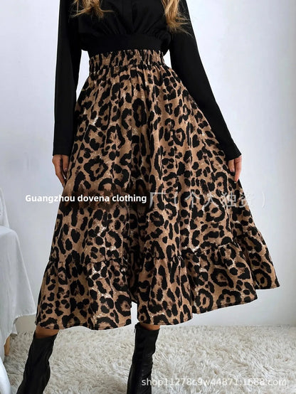 Elegant Leopard Print Halter Neck Mini Dress Polyester Fiber Ruffles Decoration Cross-Border New Arrival 2024 Women's Skirt