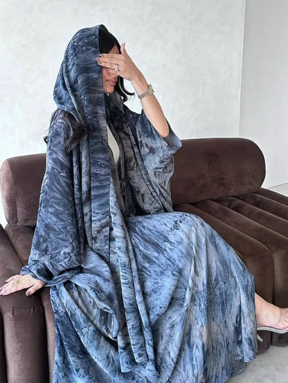 Middle Eastern Tie Dye Loose Abaya Full Sleeve Open Front Abayas Turkey Kaftan Arabian Maxi Dresses Women Jilbabs Without Hijab