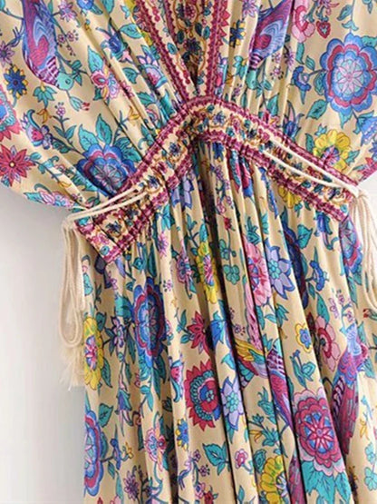 Vintage Chic Women Peacock Floral Print Bat Sleeve Beach Bohemian Maxi Dresses Robe Ladies V-neck Tassel Summer Boho Dress
