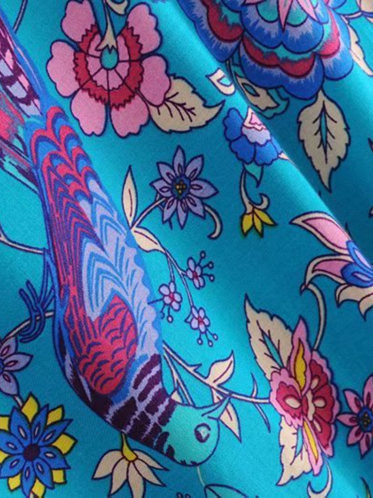 Vintage Chic Women Peacock Floral Print Bat Sleeve Beach Bohemian Maxi Dresses Robe Ladies V-neck Tassel Summer Boho Dress