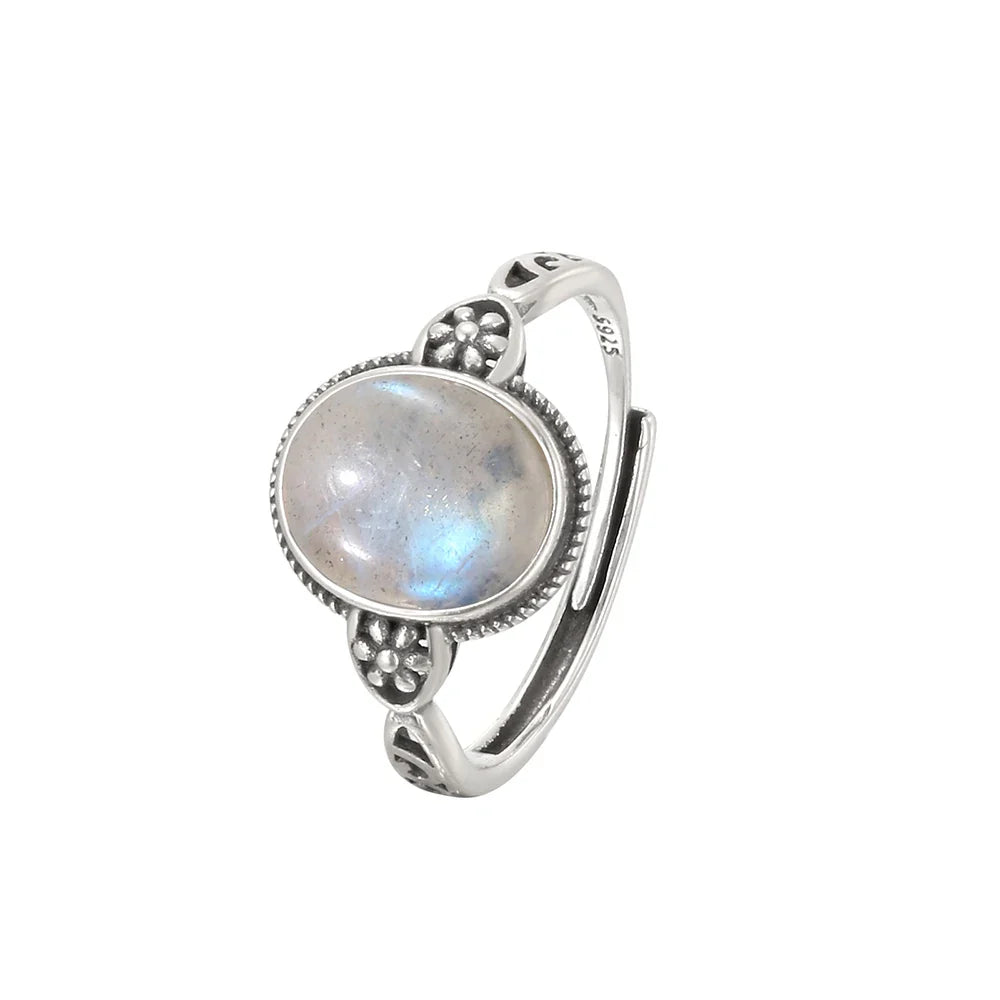 Natural Moonstone Ring 925 Sterling Silver Adjustable Vintage Boho Jewelry 10x8mm Oval Gemstone Healing Crystal Gift