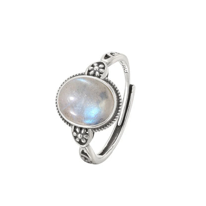 Natural Moonstone Ring 925 Sterling Silver Adjustable Vintage Boho Jewelry 10x8mm Oval Gemstone Healing Crystal Gift