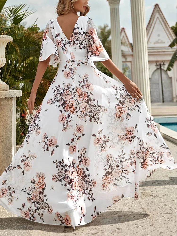 Wefads Women Long Dress Summer Casual Sexy V-Neck Lotus Leaf Sleeves Printed Beach Holiday Dresses