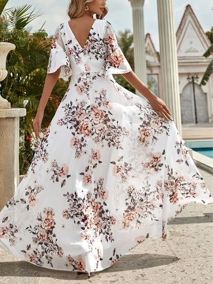 Wefads Women Long Dress Summer Casual Sexy V-Neck Lotus Leaf Sleeves Printed Beach Holiday Dresses