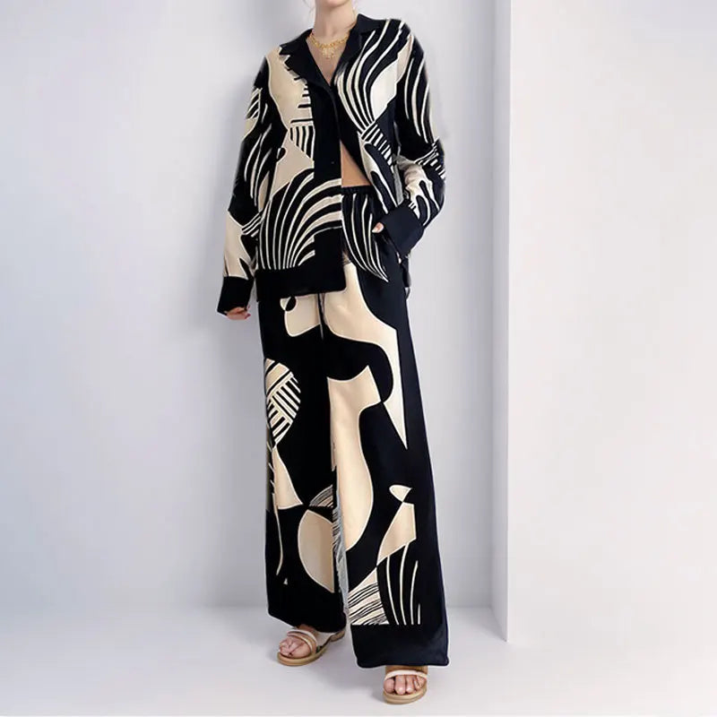 2025 Women's Graffiti Casual Shirt Women's Personalized Collar Long Sleeve Fashion Printed Set Women's Two Piece Set