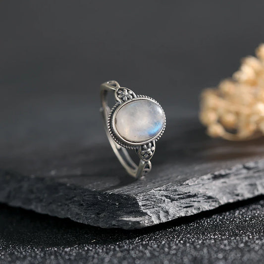 Natural Moonstone Ring 925 Sterling Silver Adjustable Vintage Boho Jewelry 10x8mm Oval Gemstone Healing Crystal Gift