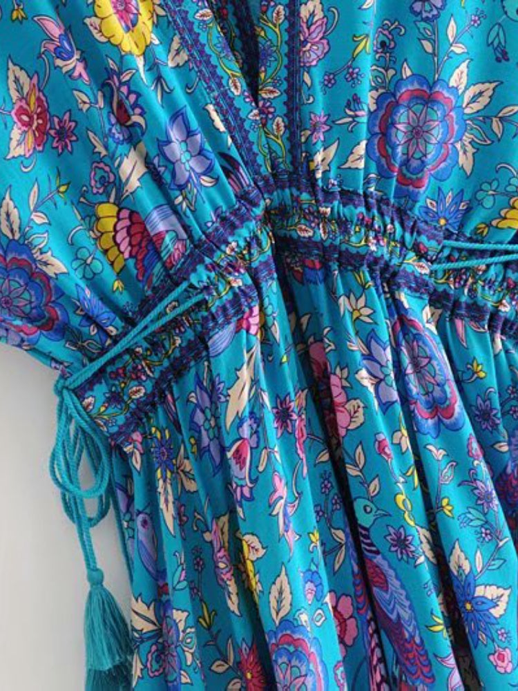 Vintage Chic Women Peacock Floral Print Bat Sleeve Beach Bohemian Maxi Dresses Robe Ladies V-neck Tassel Summer Boho Dress