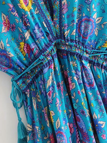 Vintage Chic Women Peacock Floral Print Bat Sleeve Beach Bohemian Maxi Dresses Robe Ladies V-neck Tassel Summer Boho Dress