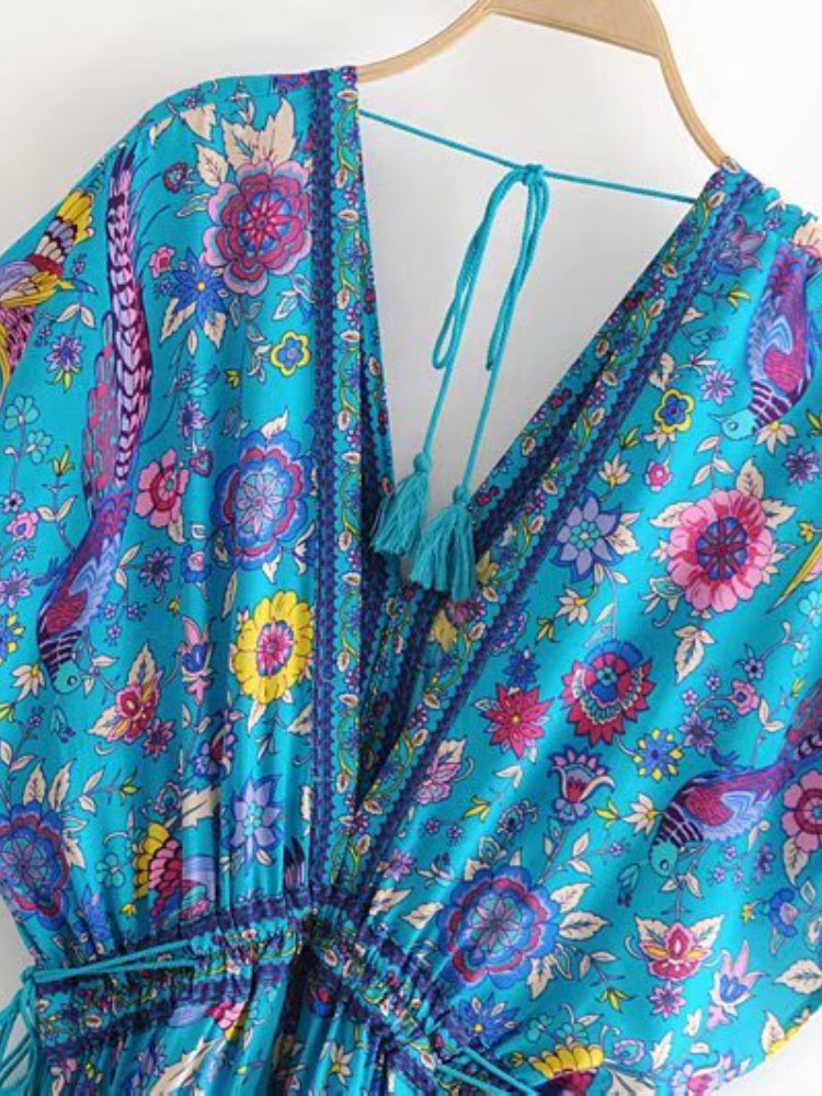 Vintage Chic Women Peacock Floral Print Bat Sleeve Beach Bohemian Maxi Dresses Robe Ladies V-neck Tassel Summer Boho Dress