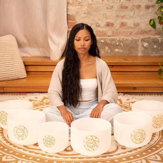 Solfeggio Crystal Singing Bowl Set – 6 White Frosted Quartz Bowls (396–852 Hz)