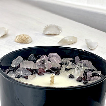 Coastal Dreams Crystal Candle with Garnet, Quartz, & Rose Quartz | Coconut-Soy Wax Candle, 9oz
