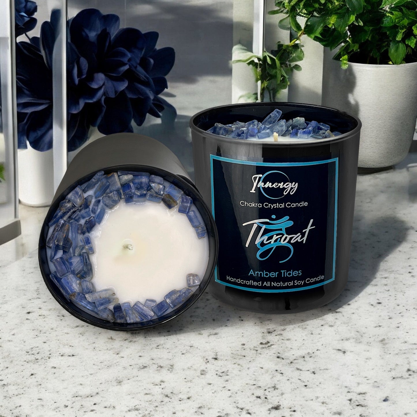 Throat Chakra Crystal Candle with Blue Kyanite | Coconut-Soy Wax Candle, 9oz