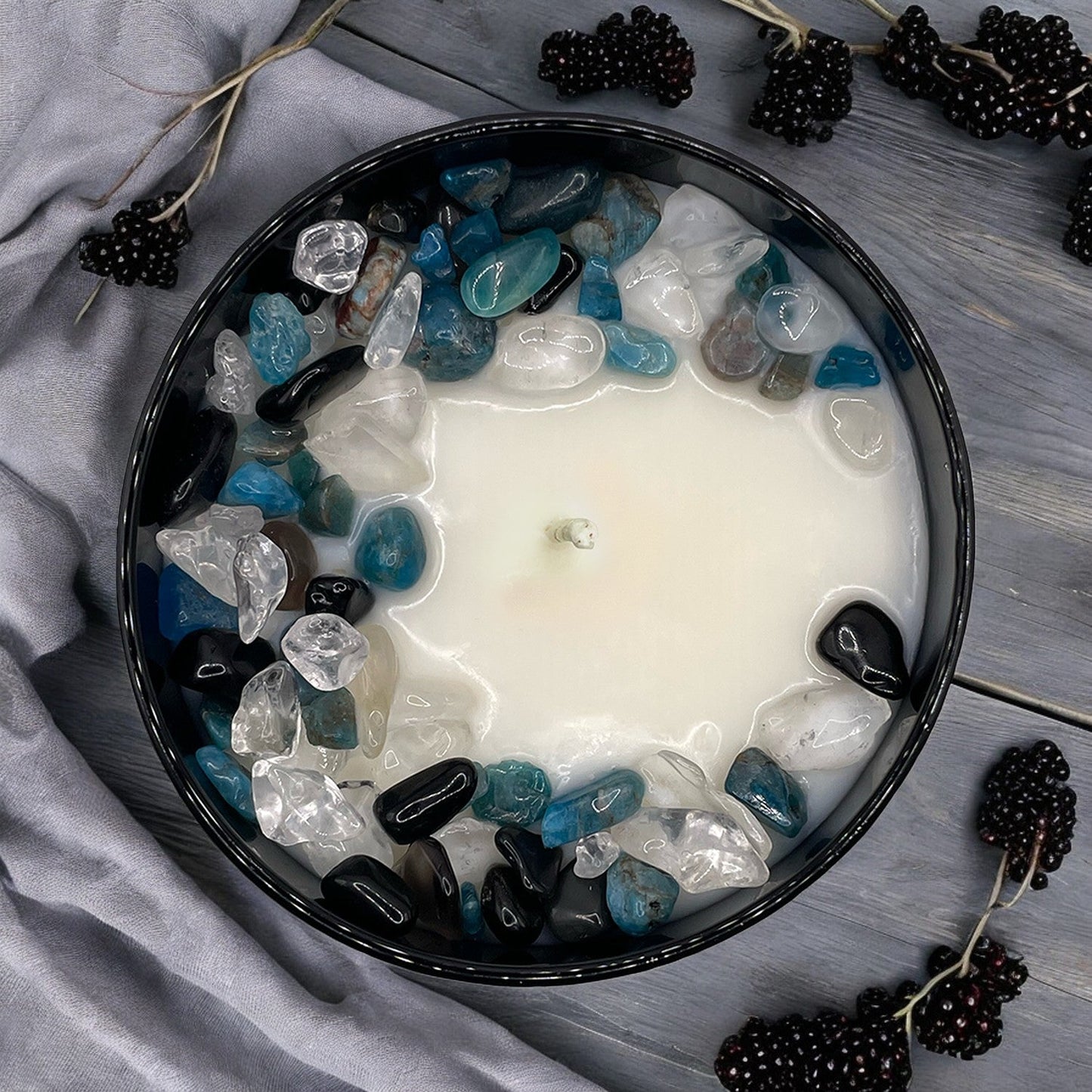 Blackberry Saffron Crystal Candle with Obsidian, Blue Apatite, & Quartz | Coconut-Soy Wax Candle, 9oz