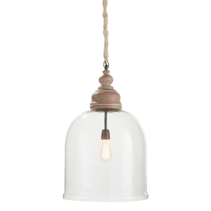 Farmhouse Glass Cloche Pendant Light with Rustic Wood Accent