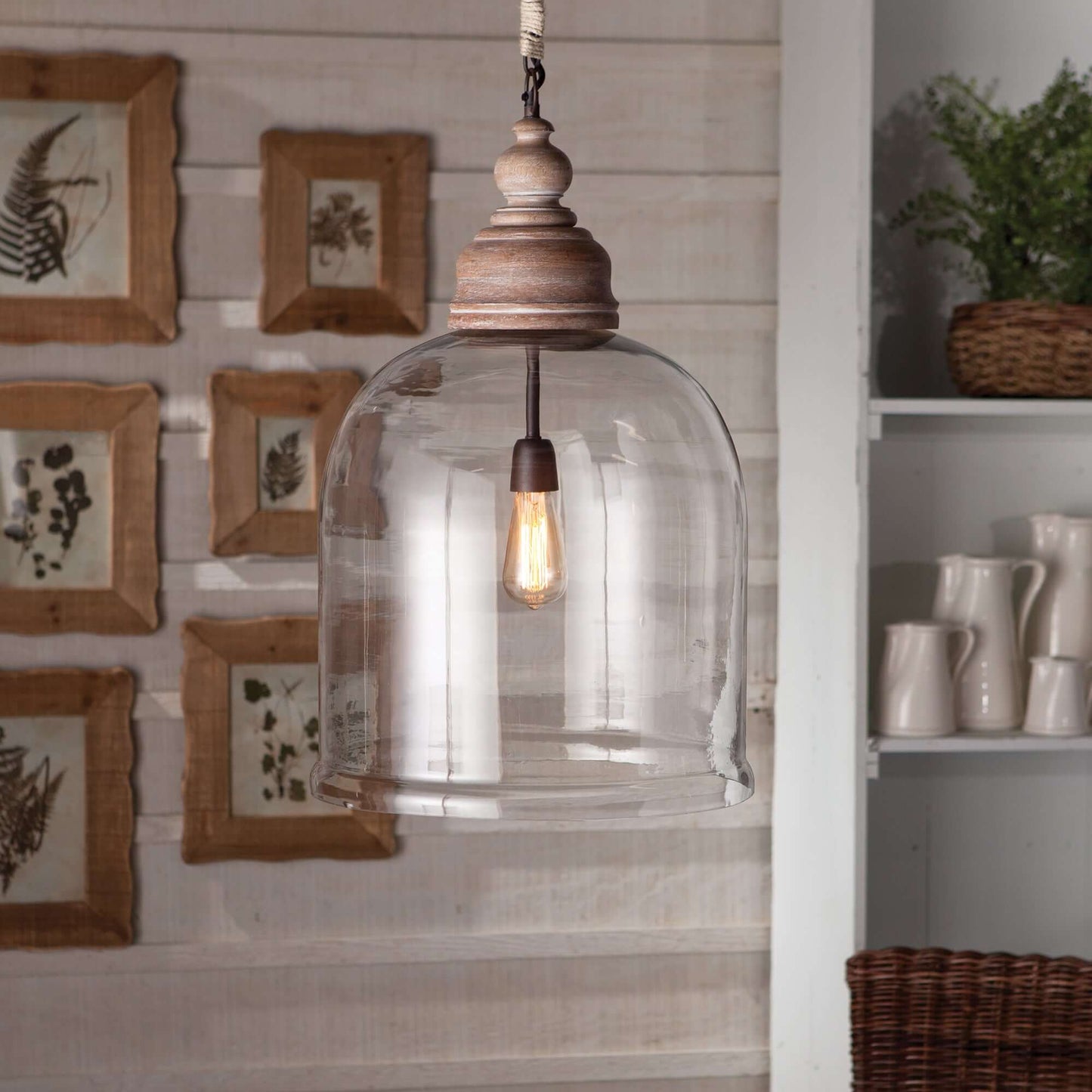 Farmhouse Glass Cloche Pendant Light with Rustic Wood Accent
