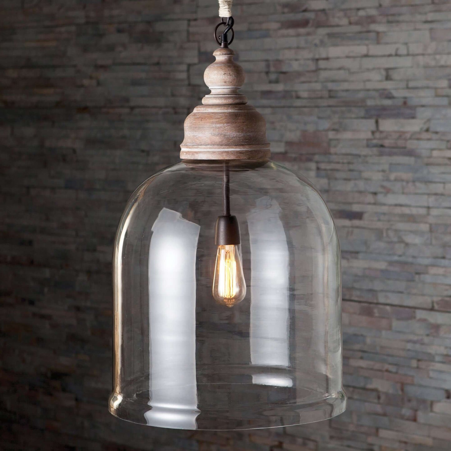 Farmhouse Glass Cloche Pendant Light with Rustic Wood Accent
