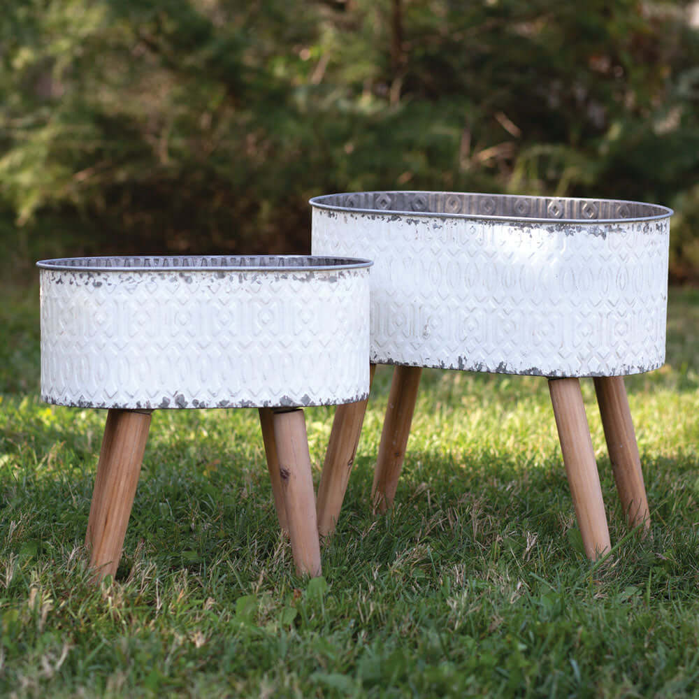 Vintage Embossed Metal Planters with Wood Legs (Set of 2)