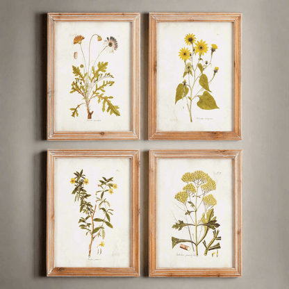 Vintage Wildflower Botanical Prints Set in Rustic Wood Frames (Set of 4)