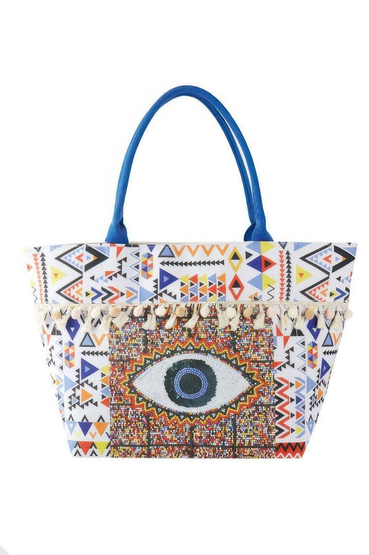 Evil Eye Print, Pom Pom Fringe - Tote Bag