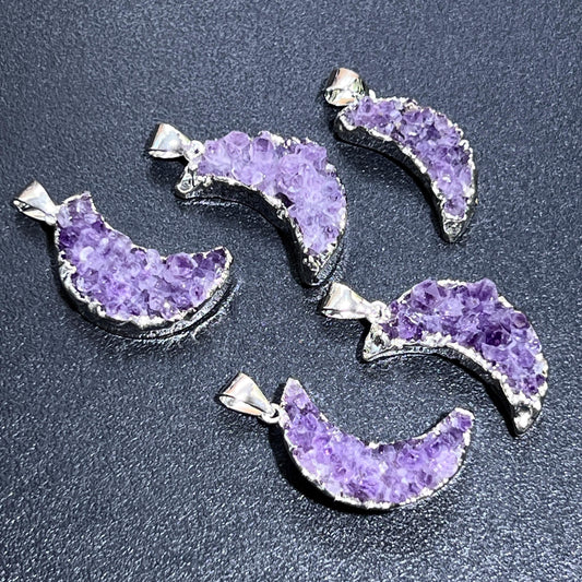 Crescent Moon Pendant (Amethyst Druzy Crystal)(Silver Plated)