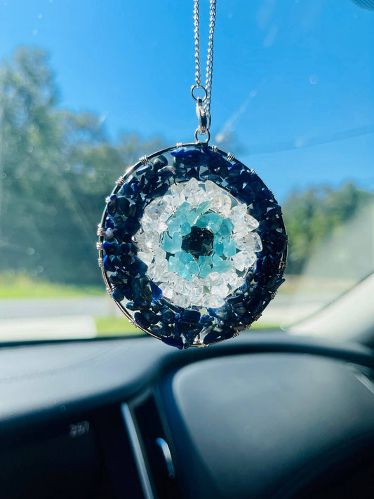Handmade Evil Eye Nazar Boncuk Pendant with Chain for Rearview Mirror Hanging or Wall Hanging Lapis Lazuli, Crystal, Apatite