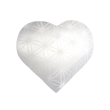 Selenite Heart Etched Flower of Life (Morocco) - Sacred Geometry - Ethically Sourced