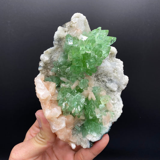 Bright Green Apophyllite Cluster with Stilbite, Natural Mineral Specimen