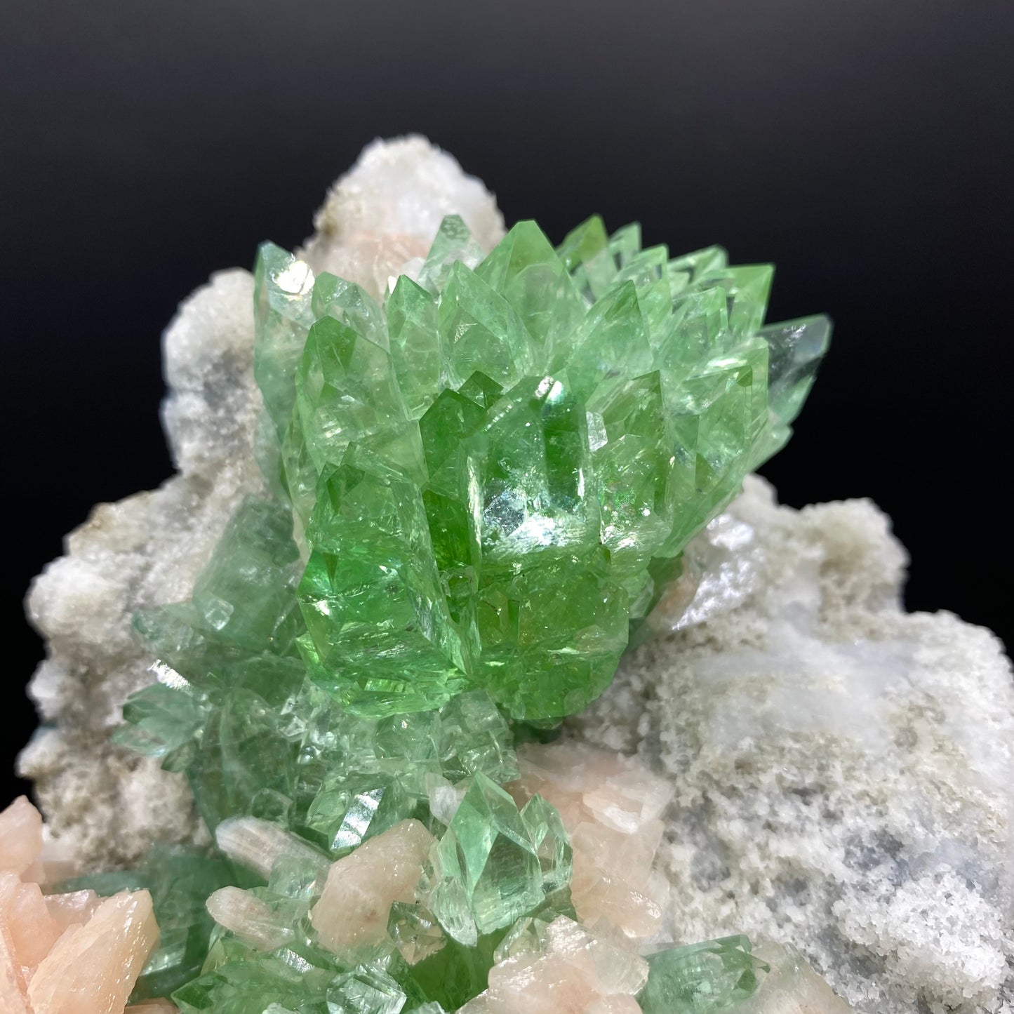 Bright Green Apophyllite Cluster with Stilbite, Natural Mineral Specimen