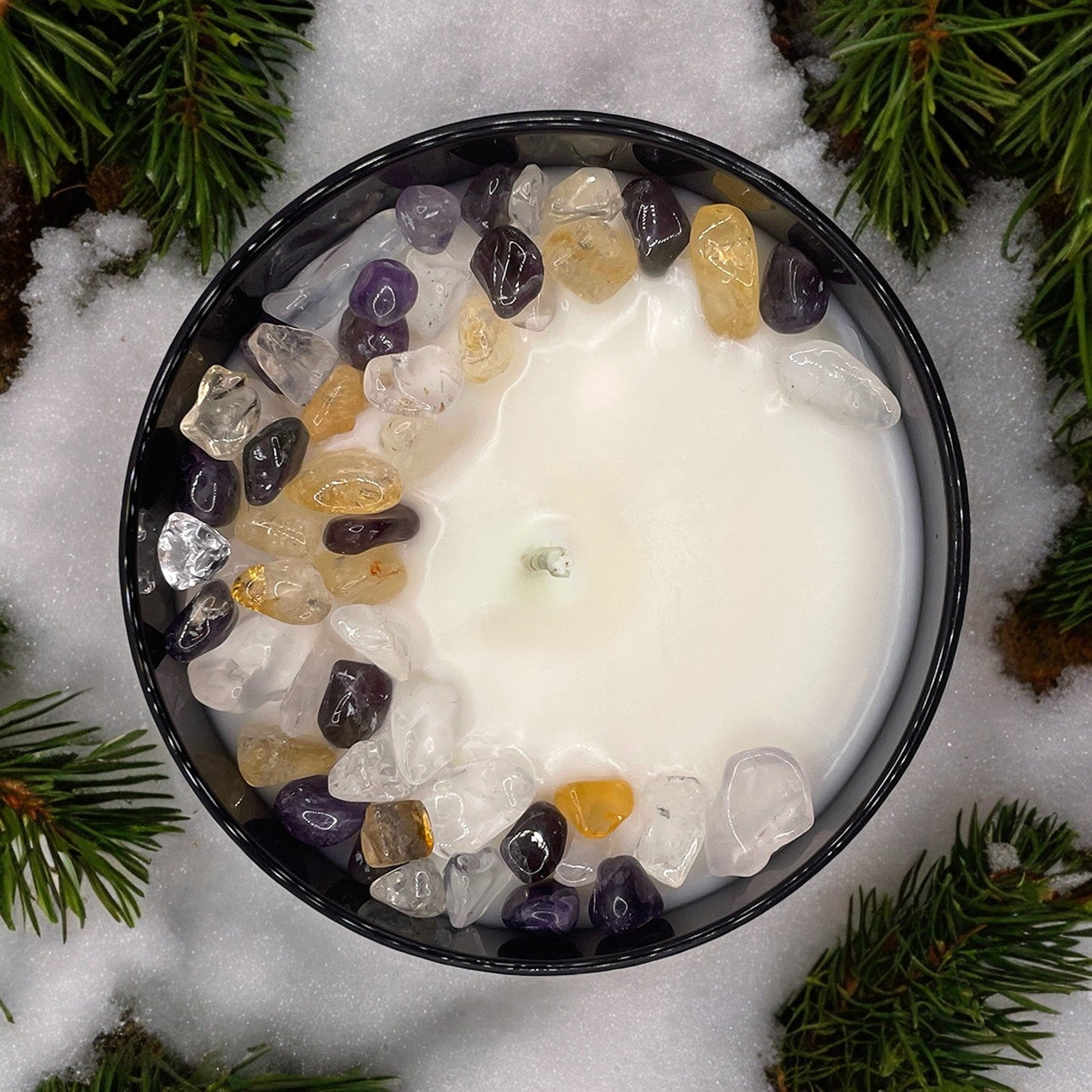 Arctic Winds Crystal Candle with Citrine, Amethyst, & Quartz | Coconut-Soy Wax Candle, 9oz