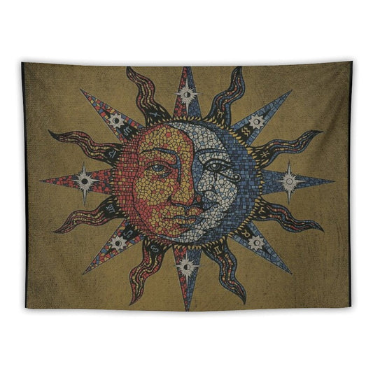 Vintage Celestial Mosaic Sun & Moon Tapestry