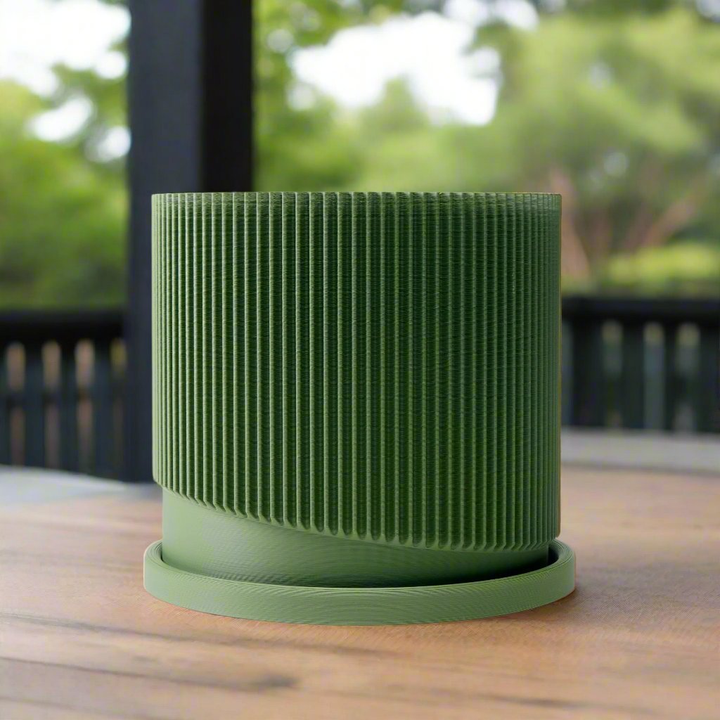 Mid-Century Ribbed Planter with Drainage and Saucer in Multiple Colors, 3D Printed Planter with Unique Modern Design, Lightweight, Wave