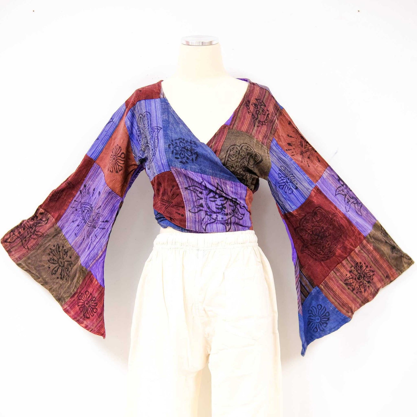 Patchwork Cotton  Bell Sleeve Wrap Top