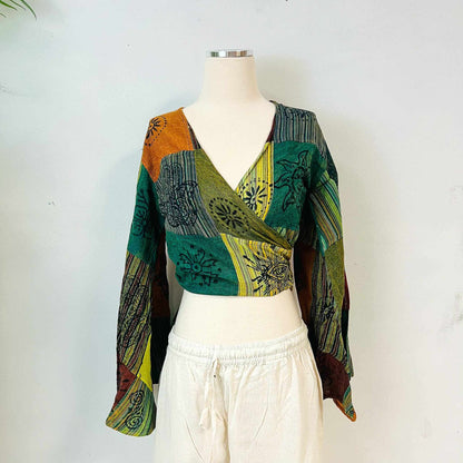 Patchwork Cotton  Bell Sleeve Wrap Top