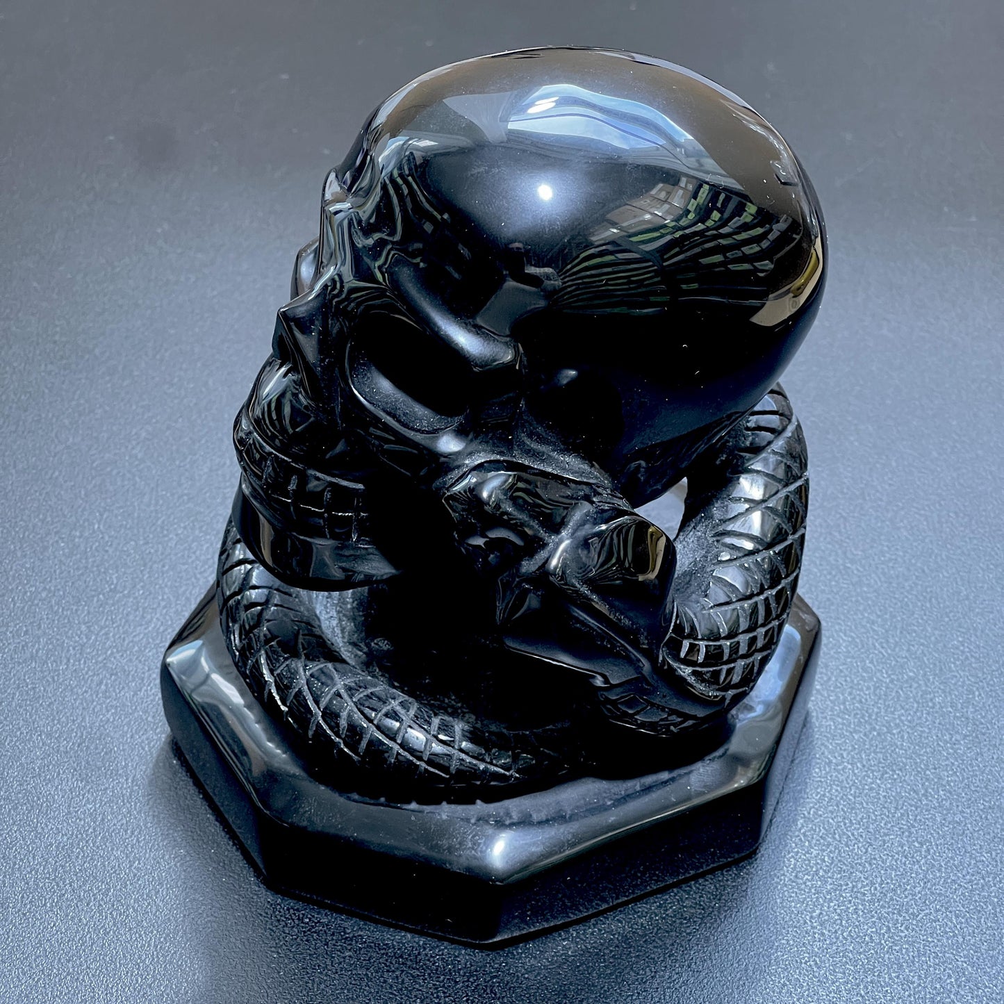 Large Skull and Snake Obsidian Carving