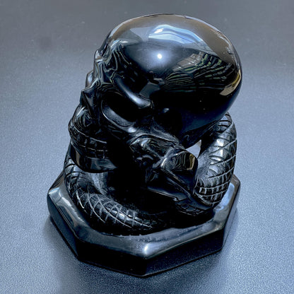 Large Skull and Snake Obsidian Carving