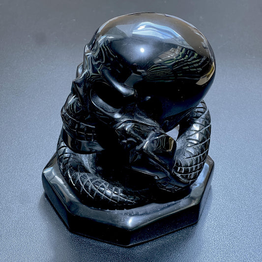Large Skull and Snake Obsidian Carving