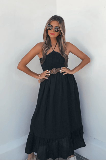 Camille Black Halter Belted Midi Dress - FINAL SALE